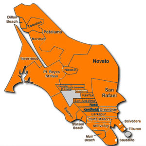 Map of Cities in Marin inc. Mill Valley, San Rafael, Novato, Tiburon, San Anselmo